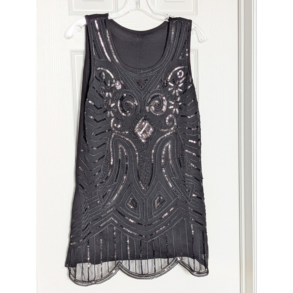 Women's (Size M) Black Sleeveless Sequin & Beaded Mini Dress or Tunic Top